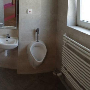 widok toalety z urządzeniami sanitarnymi (sedes toaletowy, zlew z lustrem regulowanym, pisuar) i poręczami wspomagającymi.