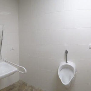 widok łazienki z urządzeniami sanitarnymi (prysznic w kabinie, zlew z lustrem regulowanym, pisuar, sedes toaletowy) i poręczami wspomagającymi.